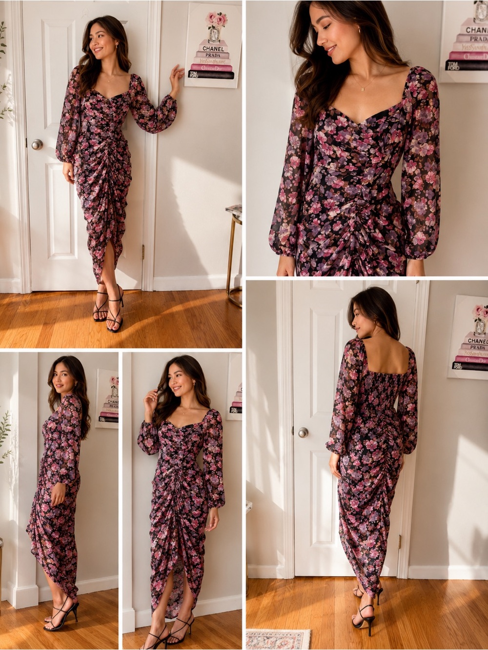 Astr Black Floral Asymmetrical Ruched Midi Dress